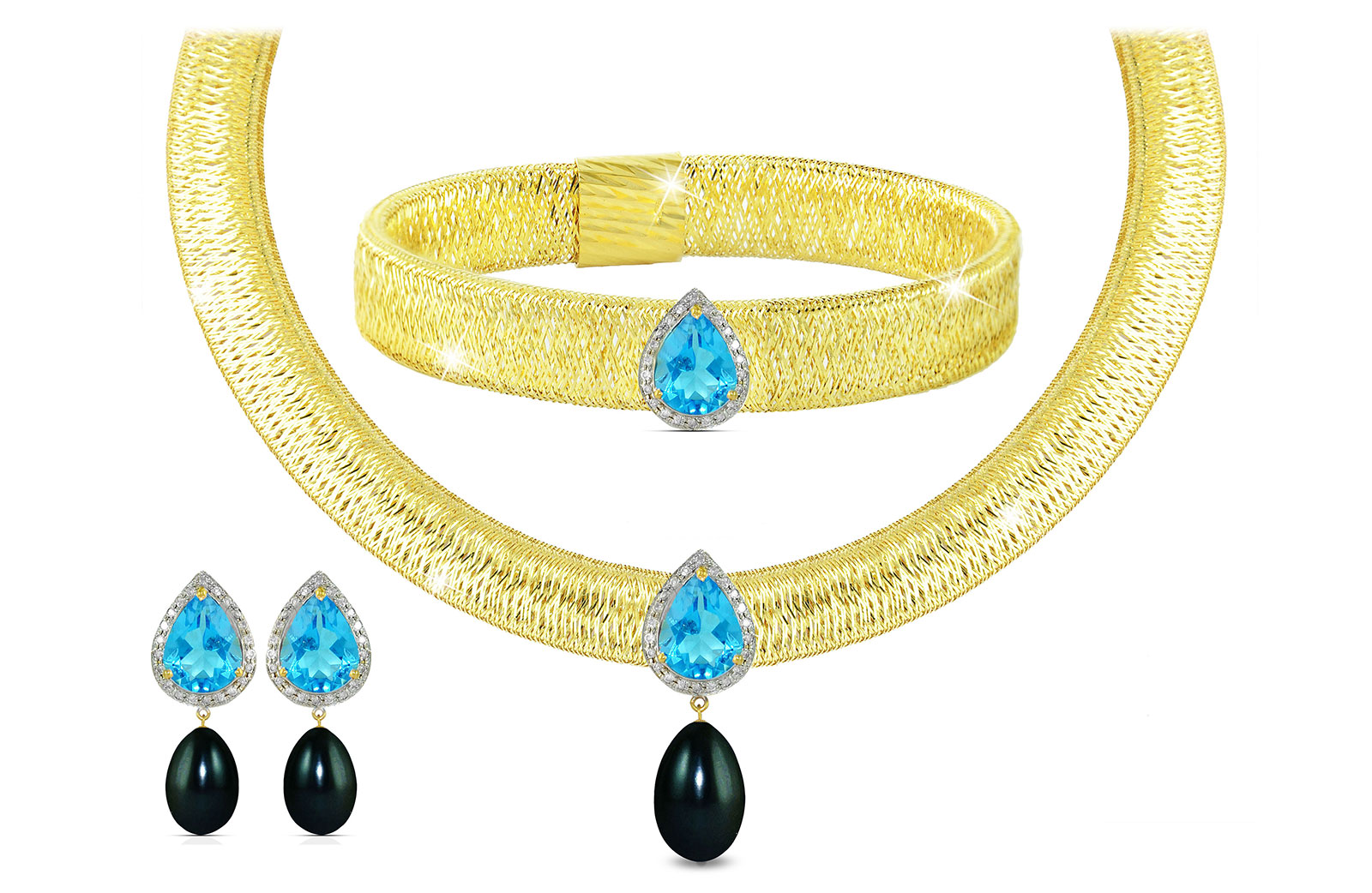 Vera Perla 18K Gold 0.48ct Diamonds, Topaz and 13mm Black Pearl Jewelry Set - 3 pcs.